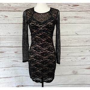 ASTR Women's Black Nude Lace Long Sleeve Bodycon Dress Size Medium